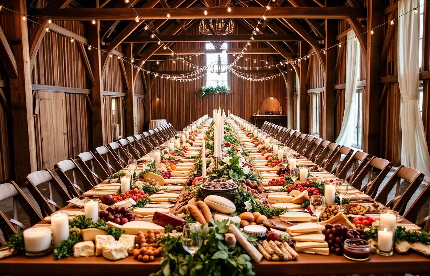 A long grazing table at a wedding reception.