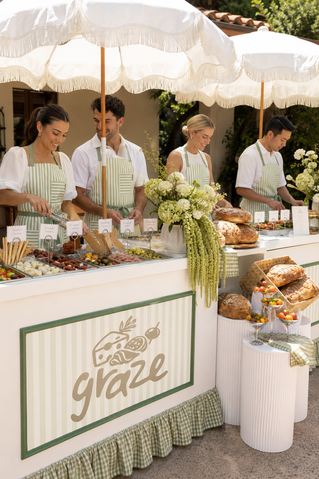A custom-branded portable charcuterie cart styled at an outdoor Colorado wedding.